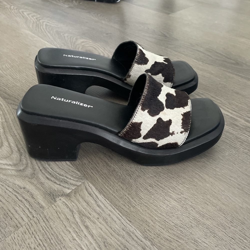 Cow print wedge sandals